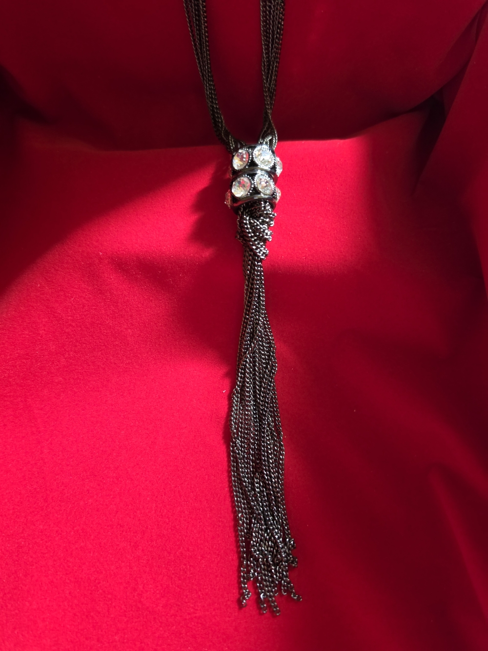 Long Tassel Pendant Necklace with Crystal Accents - Black